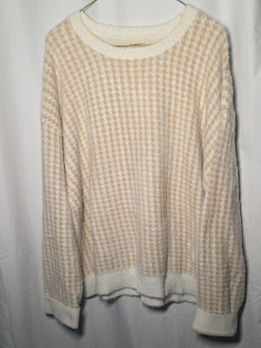 Thread & Supply Cream and Beige Houndstooth Crewneck Sweater